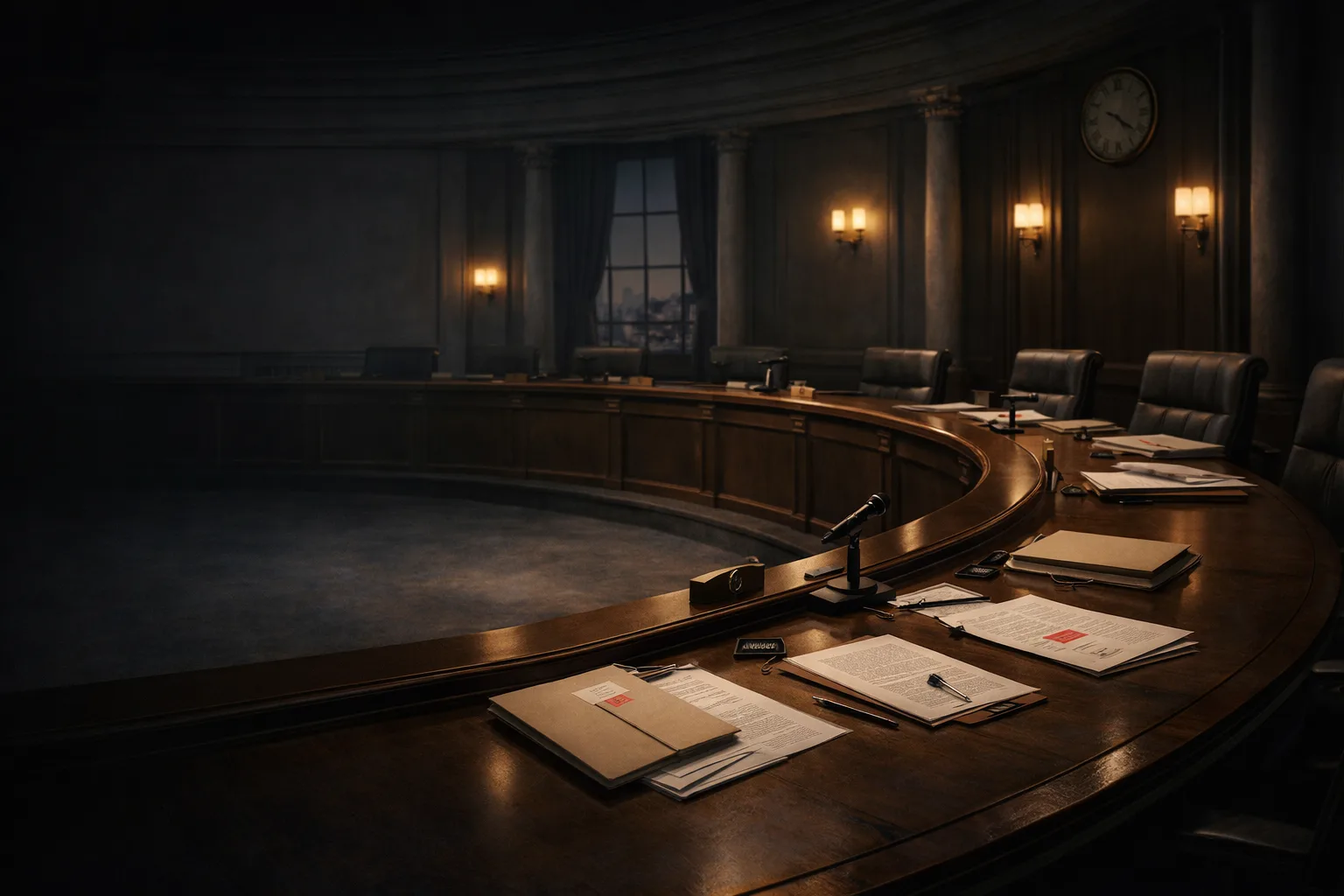 Official key art for Rotten Chamber, depicting a shadowed civic chamber where corruption hides in plain sight